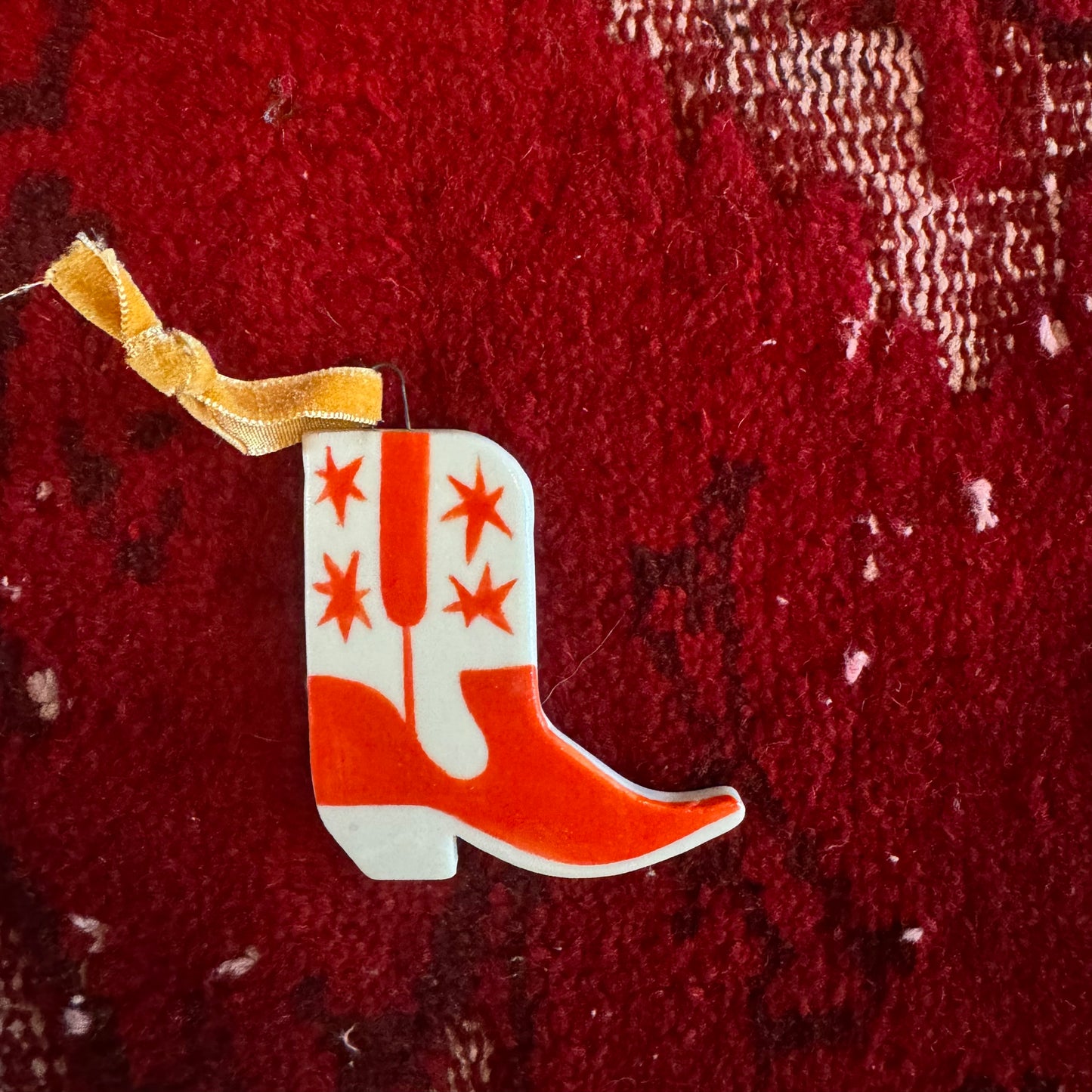 Shaye Makes - Cowboy Boot Ornament (White Boot W/ Red Stars)